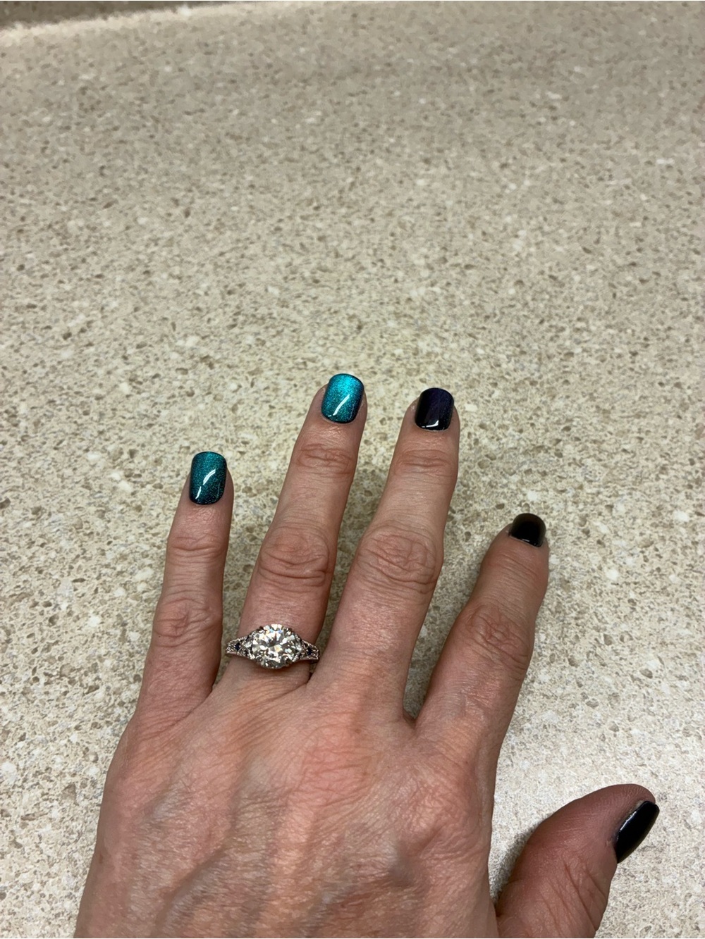 Moissanite Diamond Engagement Ring - with blue sapphire on sides size 7